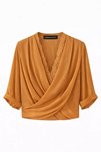 Blusa Cachequer chiffon Plissado dupla com renda terracota