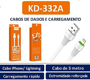 CABO DE CARGA USB PARA IOS (COMPRIMENTO 3M) KAIDI KD-332A (BRANCO)