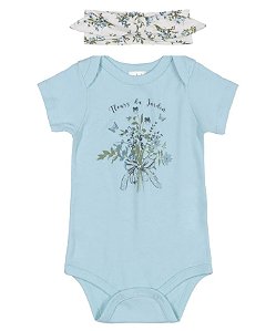 Body para Bebê Feminino Manga Curta Estampa Flores Azul com Faixa de Cabelo Up Baby
