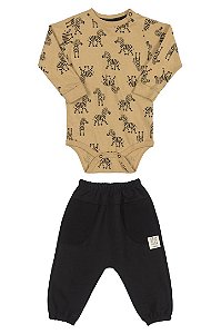 Conjunto Body Manga Longa Infantil Masculino Estampa Zebras e Calça em Moletom Preto Up Baby