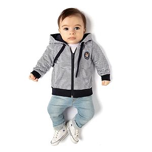 Conjunto de Inverno para Bebê Menino com Jaqueta Listrada Marinho e Calça Jeans Tmx