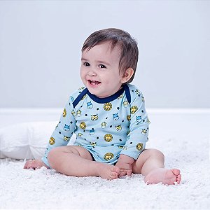 Body para Bebê Masculino Manga Longa Estampa Bichinhos Azul Pimpolho
