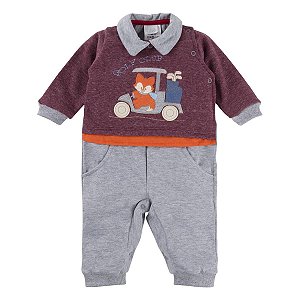 Macacão Longo para Bebê Menino Bordado Raposinha Cinza e Bordô Baby Gijo