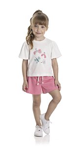 Conjunto Infantil Feminino com Camiseta Branca Borboletas e Short em Moletinho Rosa Neon TMX