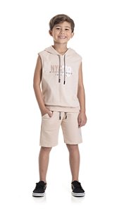 Conjunto Infantil Masculino com Regata de Capuz e Bermuda em Moletinho Bege TMX