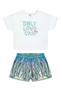 Conjunto Infantil Feminino com Cropped Manga Curta Branca e Short Holográfico Azul Elian