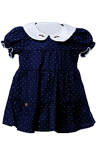 Vestido Infantil em Tecido Azul Marinho com Gola Bordada Linna Valentinna