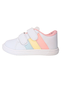 Tênis Infantil Feminino Branco com Velcro e Listras Candy Color Mimoflex