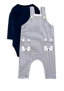 Conjunto para Bebê Menino com Jardineira Longa Listrada e Body Manga Longa Azul Marinho TMX