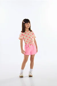 Blusa Infantil Feminina Manga Curta com Bolinhas Rosa Neon Quimby
