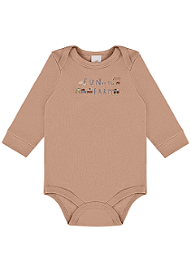 Body Manga Longa em Suedine Marrom com Estampa Fazendinha Up Baby