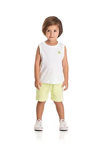 Conjunto Infantil de Regata em Meia Malha Branca com Bordado de Coqueiro e Bermuda em Moletinho sem Felpa TMX