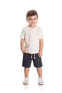 Conjunto Infantil Masculino com Camiseta Marfim e Bermuda em Sarja Tipo Jeans TMX