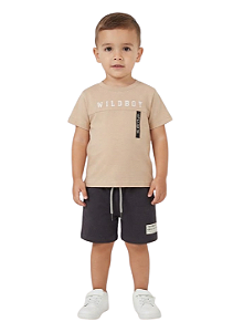 Conjunto Infantil Masculino com Camiseta Manga Curta Bege e Bermuda Preta em Moletinho TMX