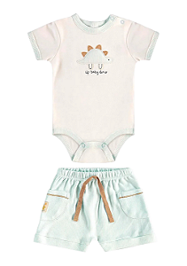 Conjunto para Bebê Masculino com Body Manga Curta Branco com Dinossauro e Short Listrado Azul e Branco Up Baby