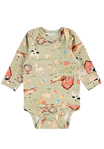Body para Bebê Manga Longa em Suedine Estampada com Bichinhos da Fazenda Up Baby