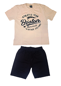 Conjunto Infantil Masculino com Camiseta Bege e Bermuda em Moletinho Preta TMX