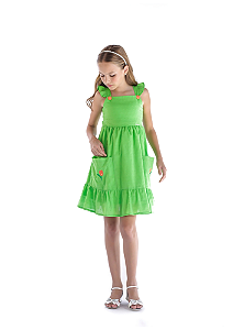 Vestido Infantil em Tecido Verde com Bordado Tulipa Linna Valentinna
