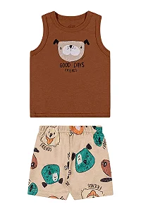 Conjunto Infantil Masculino com Regata Marrom e Bermuda Estampado com Cachorrinho Elian