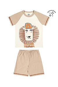 Conjunto Pijama Infantil para Meninos com Camiseta Estampada com Leão e Short em Moletinho cor Bege Elian