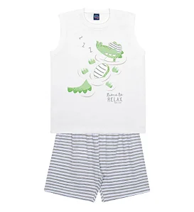 Pijama Infantil Masculino Regata Branca Jacaré com Short Listrado Kiko e Kika