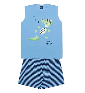 Pijama Infantil Masculino Regata Azul Jacaré com Short Listrado Kiko e Kika