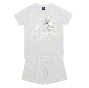 Pijama Infantil Masculino com Camiseta Manga Curta Dinossauro Astronauta Cinza e Short Kiko e Kika