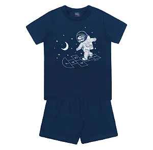Pijama Infantil Masculino com Camiseta Manga Curta Dinossauro Astronauta Azul Marinho e Short Kiko e Kika