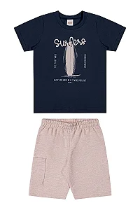 Conjunto Infantil Masculino com Camiseta Azul Marinho e Bermuda Bege Elian