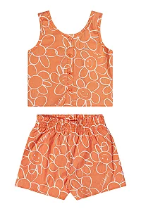 Conjunto Infantil Feminino Floral Laranja em Tricoline Blusa com Short Elian