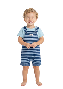 Conjunto para Menino com Jardineira Listrada Azul e Camiseta Elian