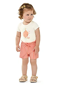 Conjunto Infantil Feminino com Blusa Offwhite e Short Listrado Laranja e Branco Elian