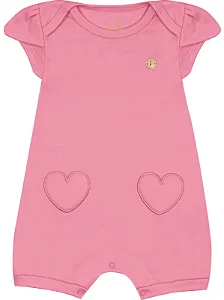 Macacão Curto para Bebê Menina em Suedine Rosa Detalhe Coração Kiko Baby