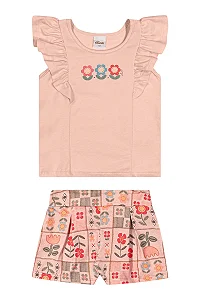 Conjunto Feminino Infantil Rosa Liso Estampa Frontal Flores Elian