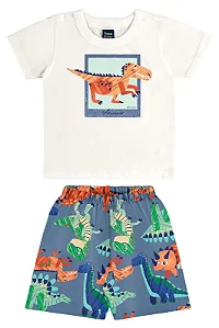Conjunto Infantil para Menino com Camiseta de Dinossauro Marfim e Bermuda em Microfibra Estampada Azul Bee Loop