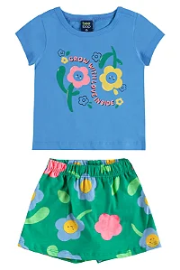 Conjunto Infantil Feminino com Camiseta Azul e Short Saia Floral Bee Loop