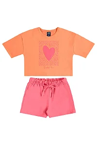 Conjunto Infantil Feminino com Cropped Laranja Estampa Coração com Short Saia Rosa Neon Bee Loop