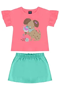 Conjunto Infantil Feminino com Camiseta Rosa Neon Cachorrinho e Short Verde Saia Bee Loop