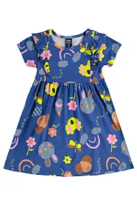 Vestido Infantil Manga Curta Azul com Estampa de Bichinhos Bee Loop
