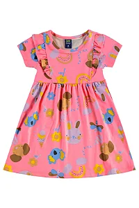 Vestido Infantil Manga Curta Rosa com Estampa de Bichinhos Bee Loop