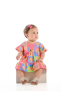 Vestido Infantil Manga Curta Estampado Rosa e Laranja Neon Quimby