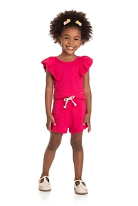 Conjunto Infantil Feminino com Blusa e Short Pink em Meia Malha Maquinetada Baby Vest