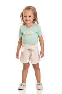 Conjunto Infantil Feminino com Blusa Verde Menta e Short em Moletinho com Linho Cru Baby Vest