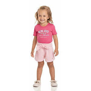 Conjunto Infantil Feminino com Blusa Rosa Pink e Short em Moletinho com Linho Rosa Claro Baby Vest