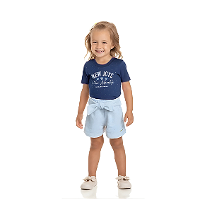 Conjunto Infantil Feminino com Blusa Azul Marinho e Short em Moletinho com Linho Azul Claro Claro Baby Vest