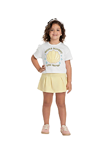 Conjunto Infantil Feminino com Camiseta Branca Cropped com Short Saia Amarelo Claro Baby Vest