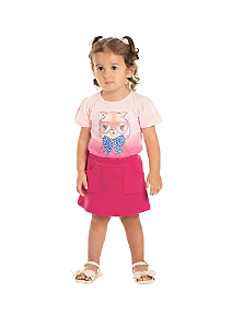 Conjunto Infantil Feminino com Blusa de Gatinha Rosa com Short em Malha Rosa Pink Baby Vest
