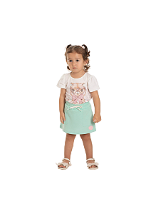 Conjunto Infantil Feminino com Blusa de Gatinha com Short em Malha Verde Água Pink Baby Vest