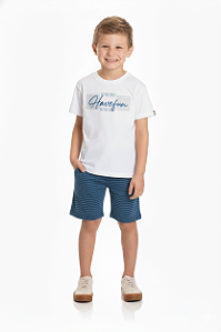 Conjunto Infantil Masculino com Camiseta Branca Have Fun e Bermuda em Moletinho Azul listrado em Preto Baby Vest