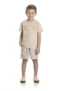 Conjunto Infantil Masculino com Camiseta Bege Have Fun e Bermuda em Moletinho Bege listrado em Preto Baby Vest